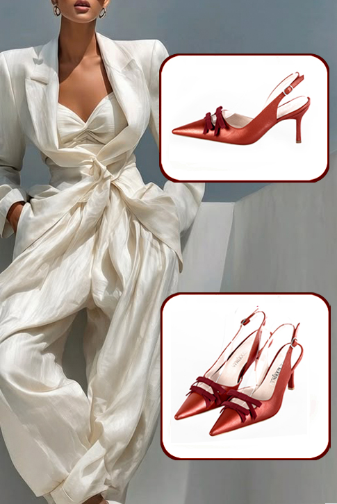 Women's cardinal red and burgundy red elegant slingback heels, with a bow on the front. Pointed toe. High slim heel - Worn view